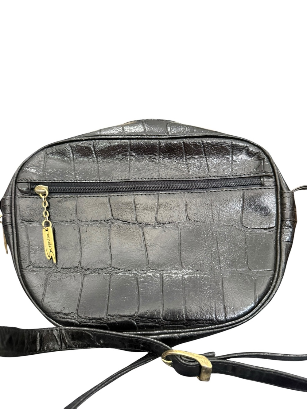 Black Croc-Embossed Crossbody with Gold Accent